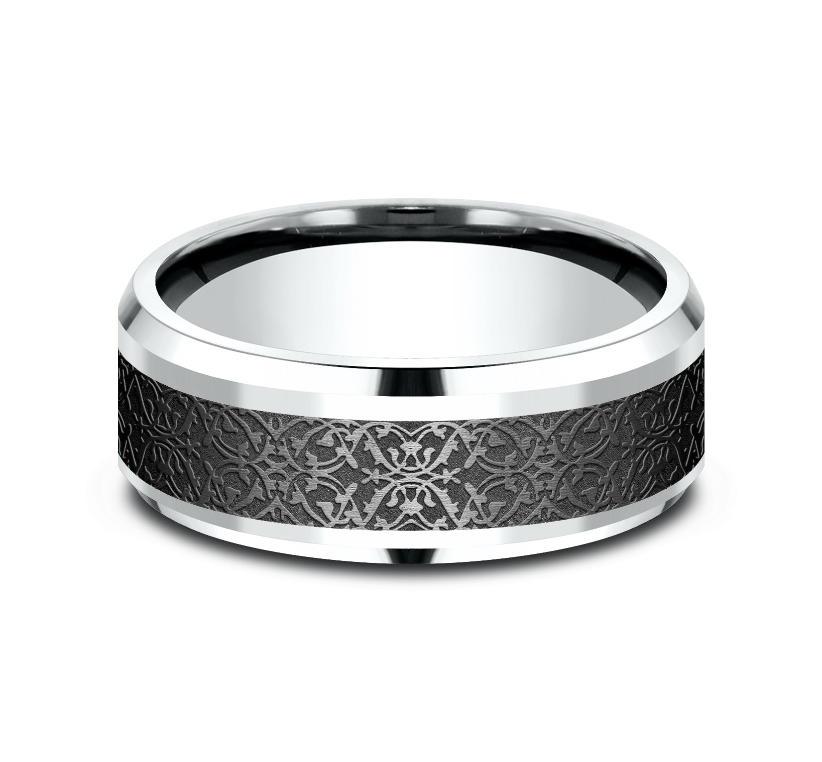 THE CONQUERER 8mm, Comfort fit, 14K White Gold and Black Titanium, Ottoman pattern, polished drop bevel edges