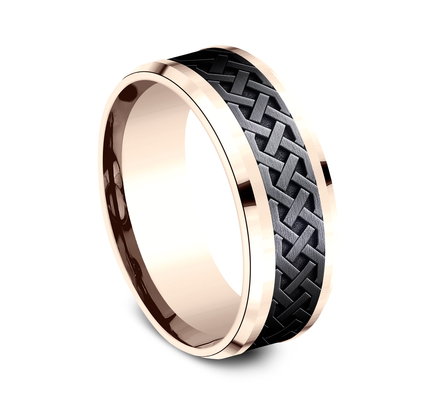 THE ADARE 8mm, Comfort fit, 14K Rose Gold and Black Titanium, Celtic knot patterned center, polished bevel edges
