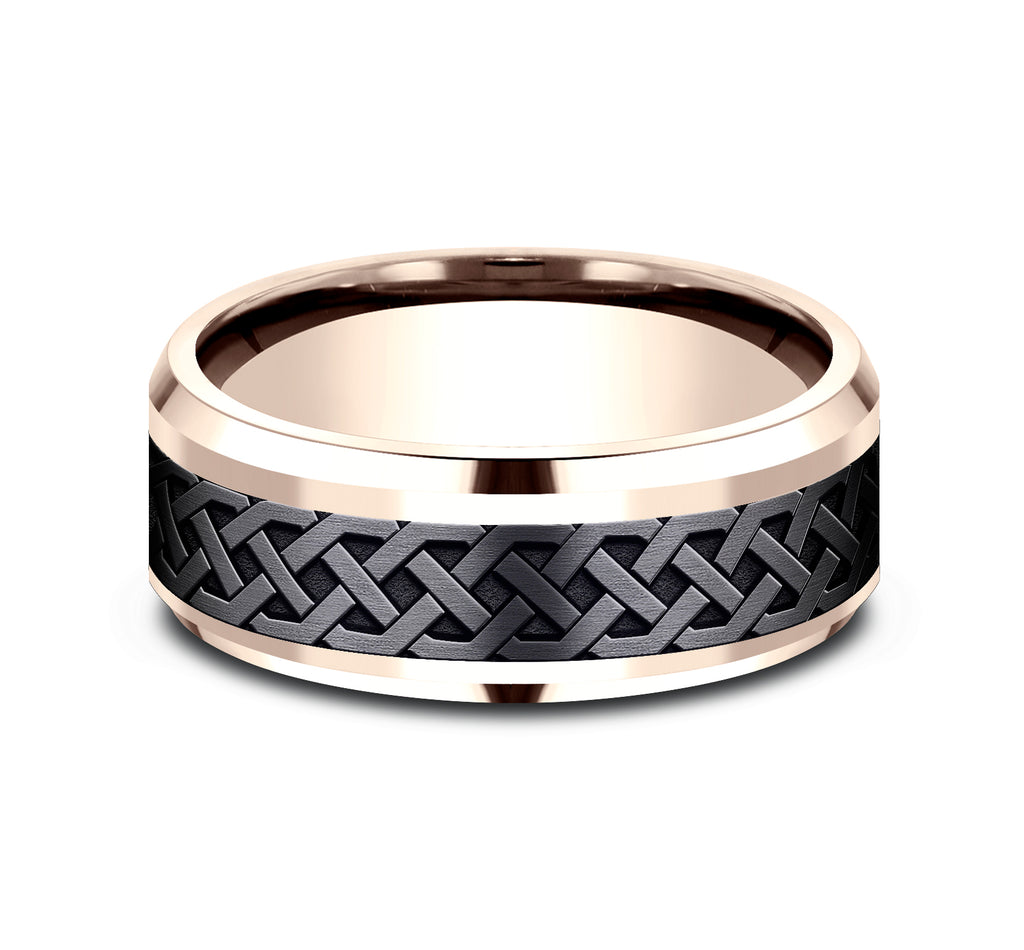 THE ADARE 8mm, Comfort fit, 14K Rose Gold and Black Titanium, Celtic knot patterned center, polished bevel edges