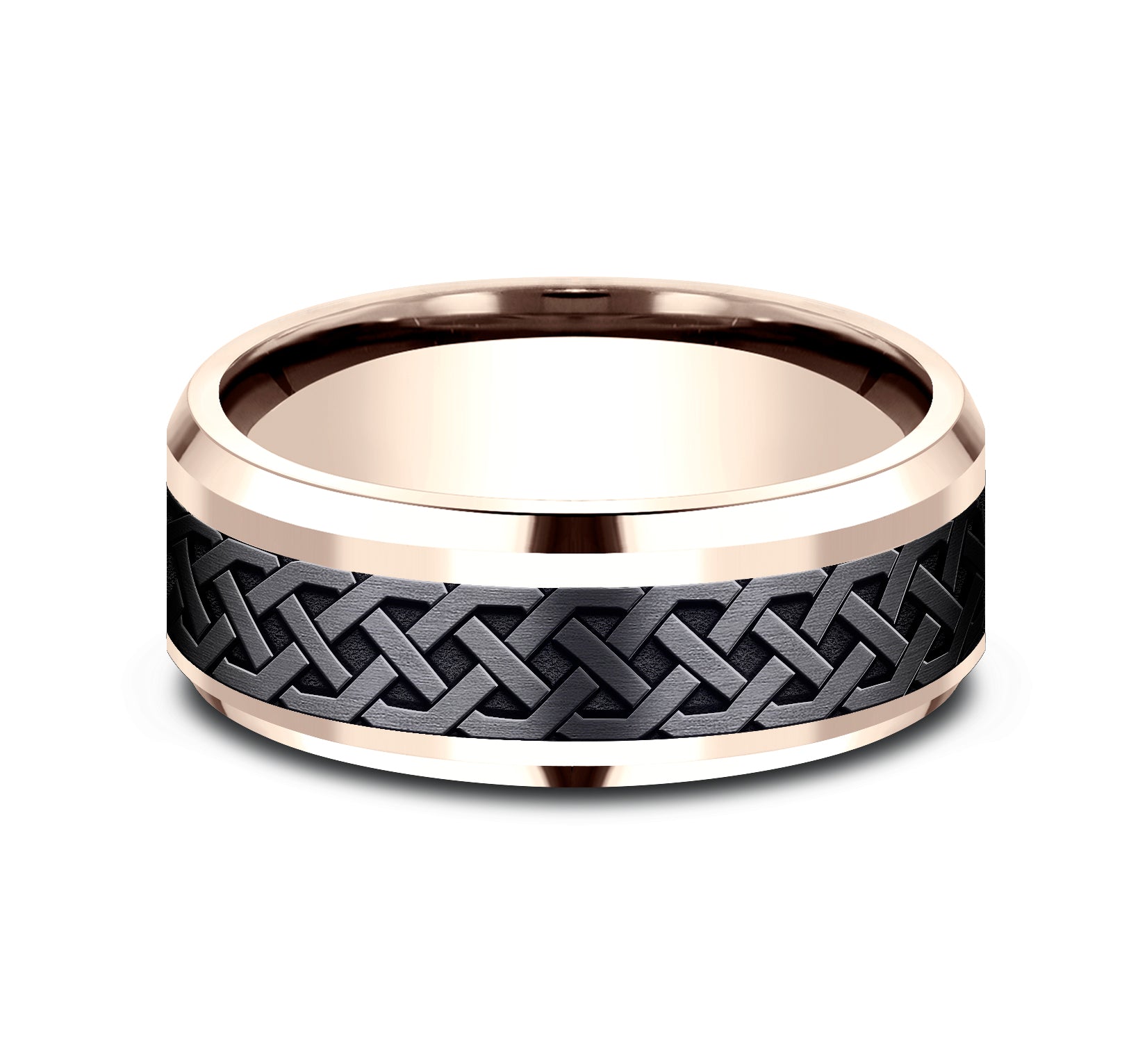 THE ADARE 8mm, Comfort fit, 14K Rose Gold and Black Titanium, Celtic knot patterned center, polished bevel edges