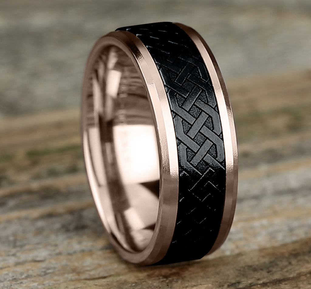 THE ADARE 8mm, Comfort fit, 14K Rose Gold and Black Titanium, Celtic knot patterned center, polished bevel edges