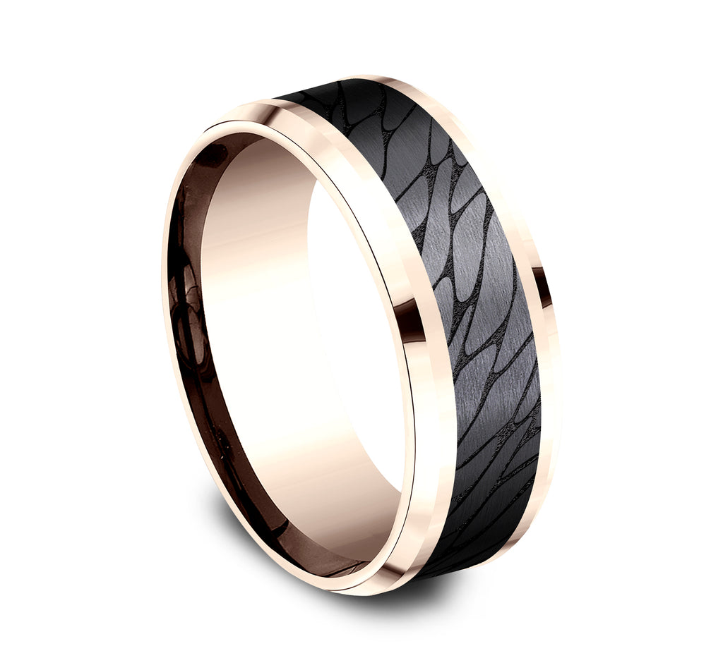 THE DINO 8mm, Comfort fit, 14K Rose Gold and Black Titanium, Pebble patterned center, bevel edges