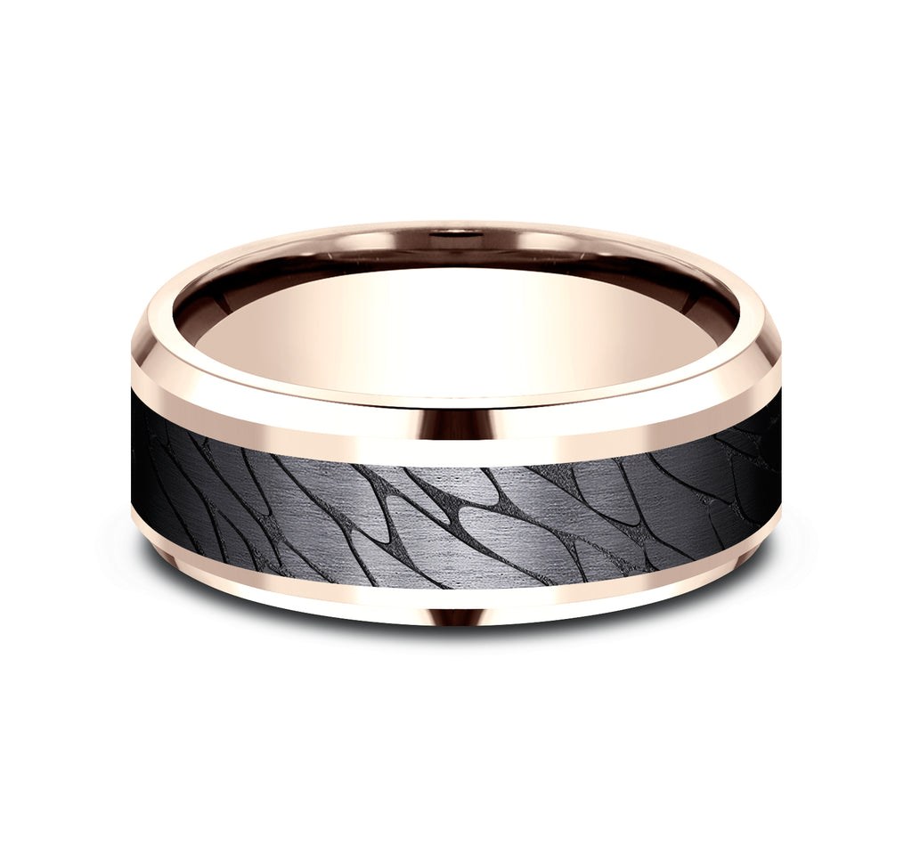 THE DINO 8mm, Comfort fit, 14K Rose Gold and Black Titanium, Pebble patterned center, bevel edges