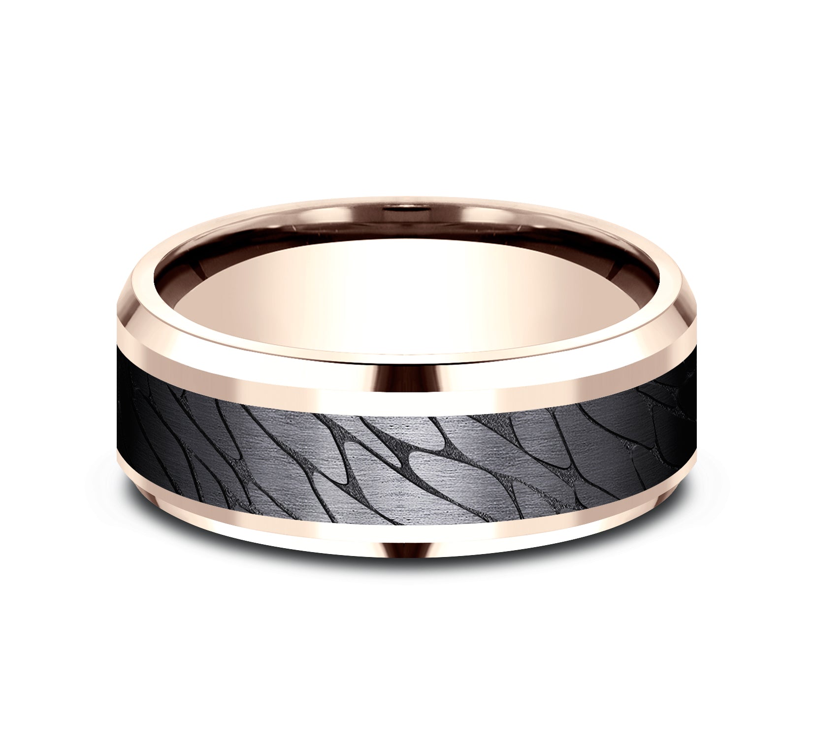 THE DINO 8mm, Comfort fit, 14K Rose Gold and Black Titanium, Pebble patterned center, bevel edges