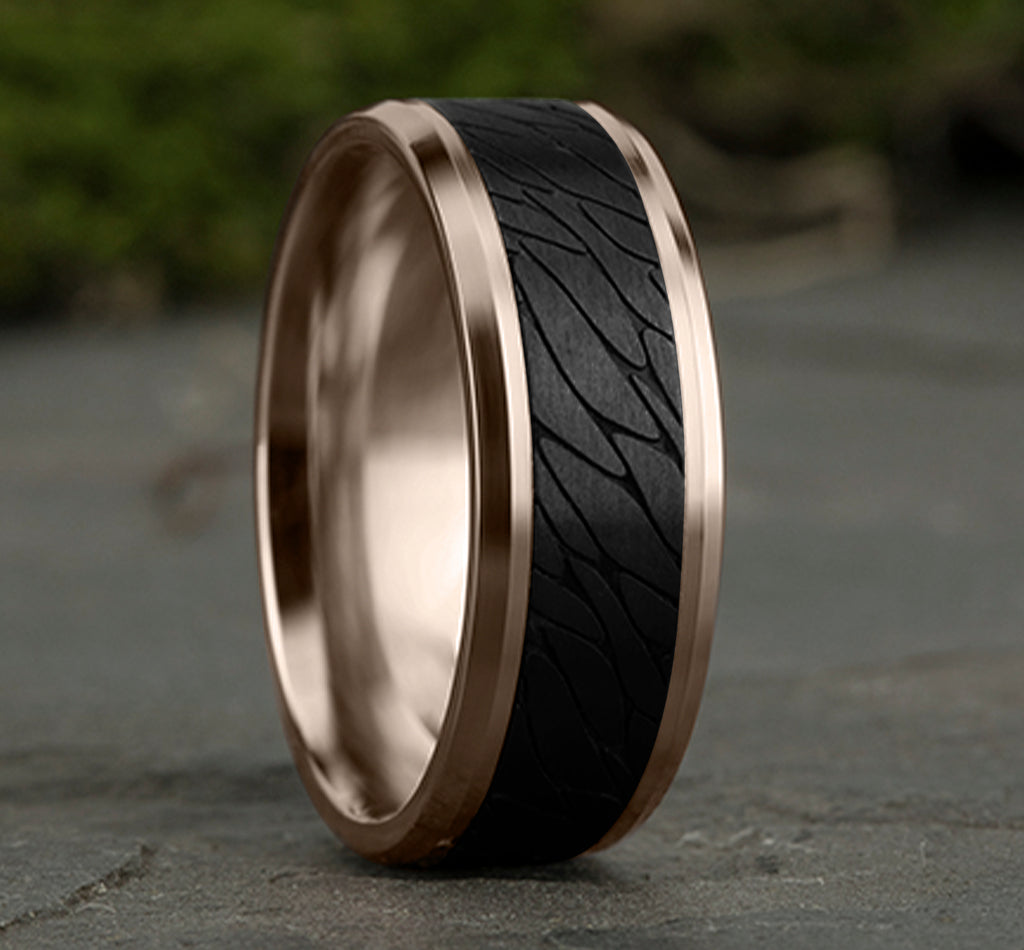 THE DINO 8mm, Comfort fit, 14K Rose Gold and Black Titanium, Pebble patterned center, bevel edges