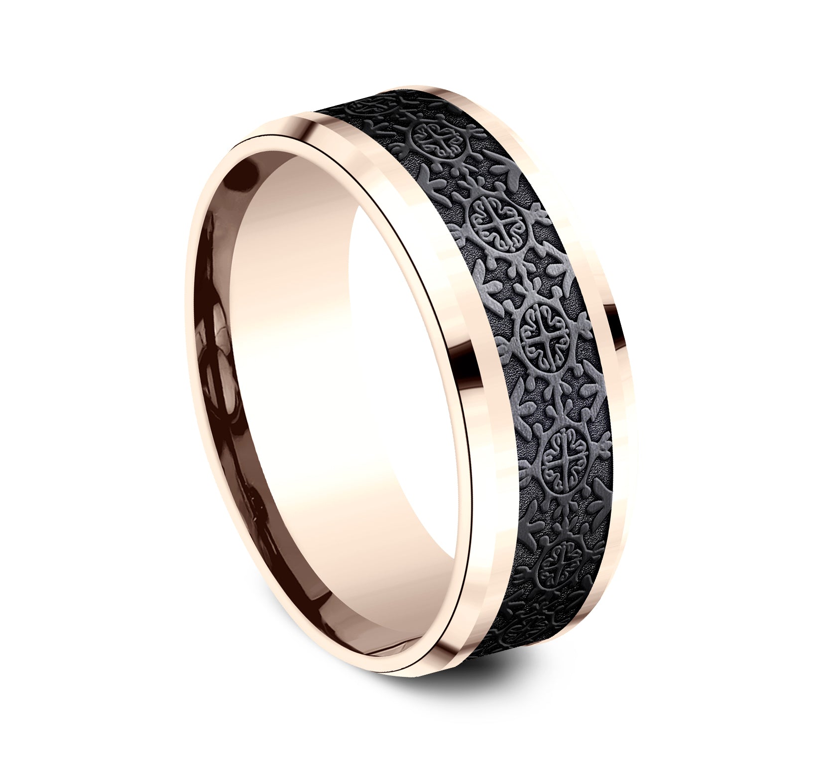 THE SAINT 8mm, Comfort fit, 14K Rose Gold and Black Titanium, Intricate patterned center, polished bevel edges