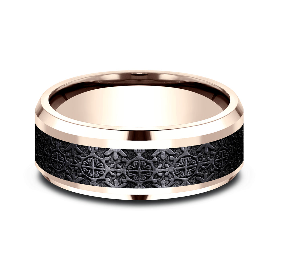 THE SAINT 8mm, Comfort fit, 14K Rose Gold and Black Titanium, Intricate patterned center, polished bevel edges