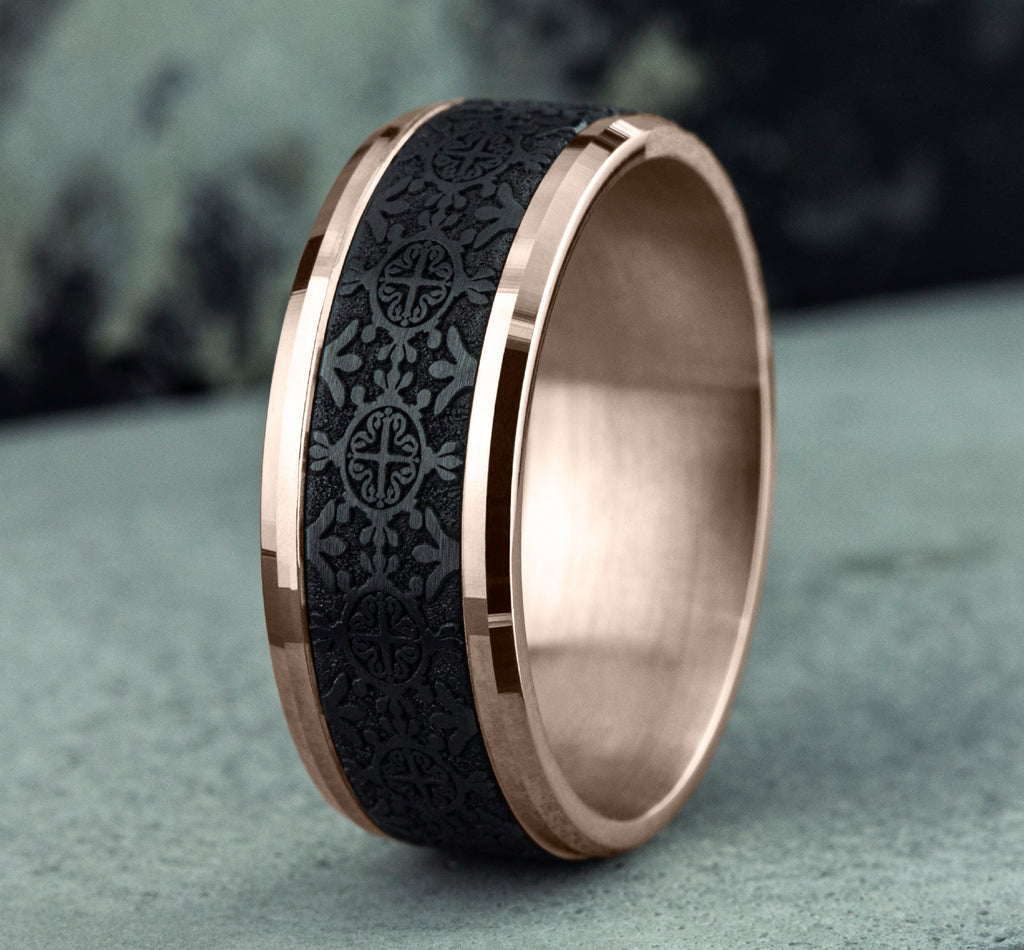 THE SAINT 8mm, Comfort fit, 14K Rose Gold and Black Titanium, Intricate patterned center, polished bevel edges