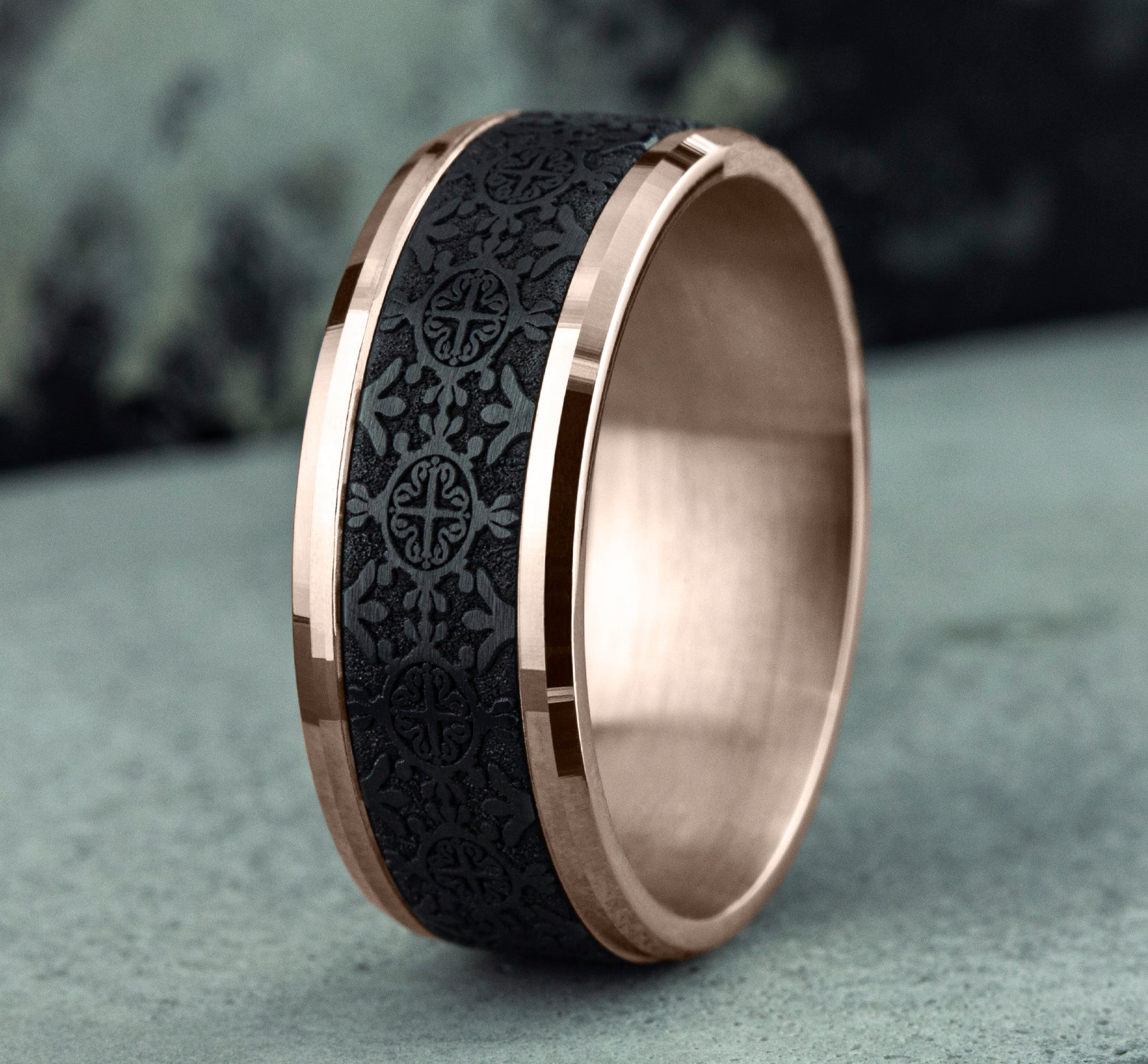THE SAINT 8mm, Comfort fit, 14K Rose Gold and Black Titanium, Intricate patterned center, polished bevel edges