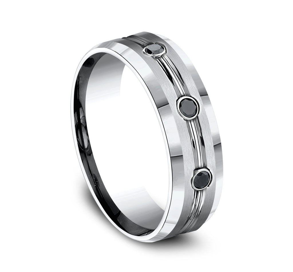 THE SABER 7.5mm, Comfort fit, White Cobalt, Satin center, polished double center cuts with black diamonds and bevel edges, 3 burnish set black diamonds, Carat weight is .20ct