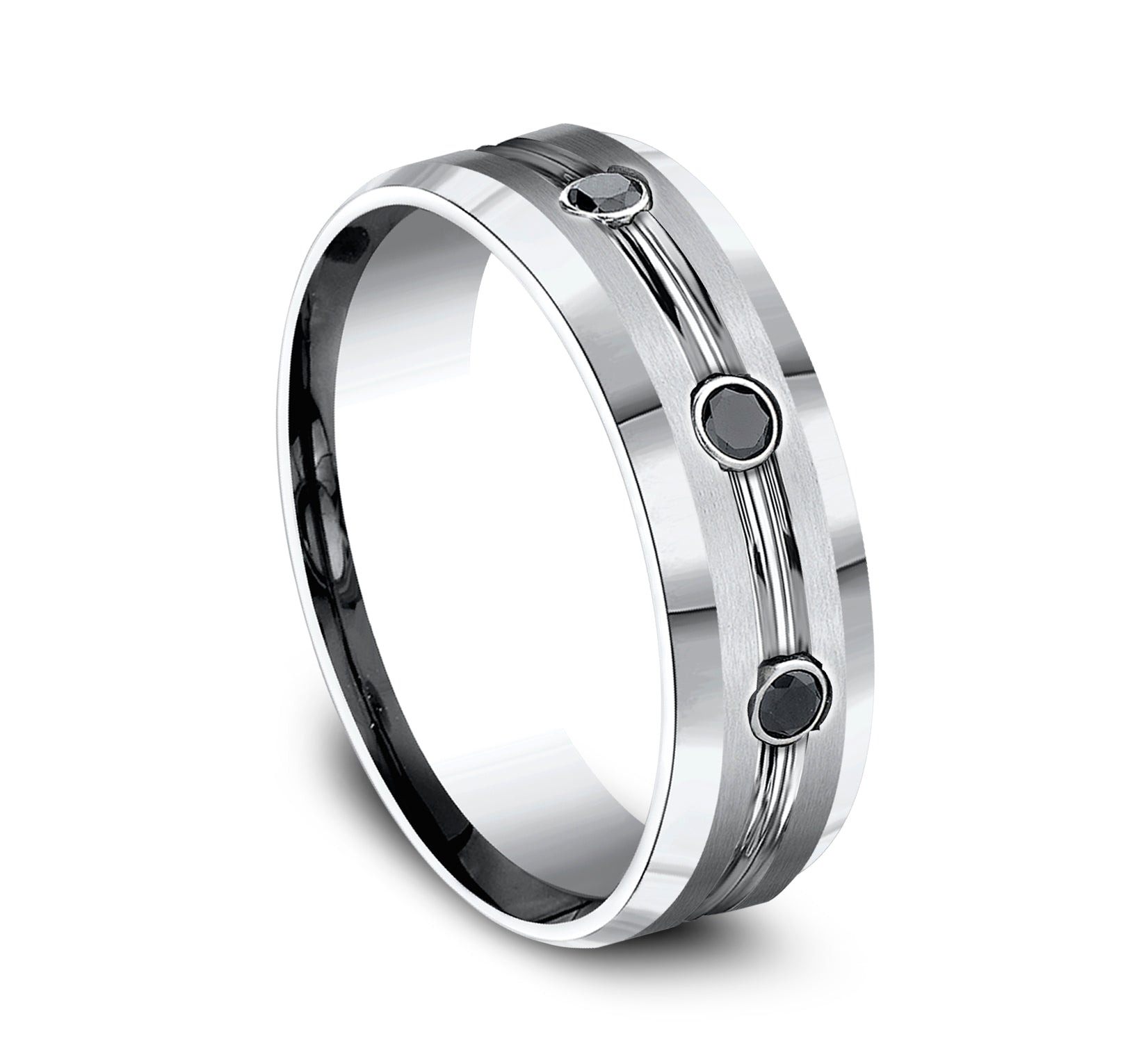 THE SABER 7.5mm, Comfort fit, White Cobalt, Satin center, polished double center cuts with black diamonds and bevel edges, 3 burnish set black diamonds, Carat weight is .20ct