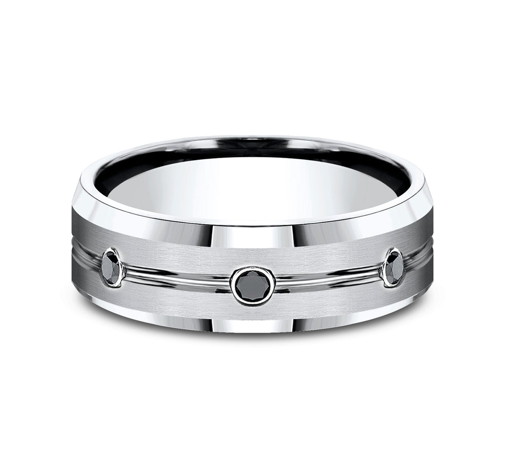 THE SABER 7.5mm, Comfort fit, White Cobalt, Satin center, polished double center cuts with black diamonds and bevel edges, 3 burnish set black diamonds, Carat weight is .20ct