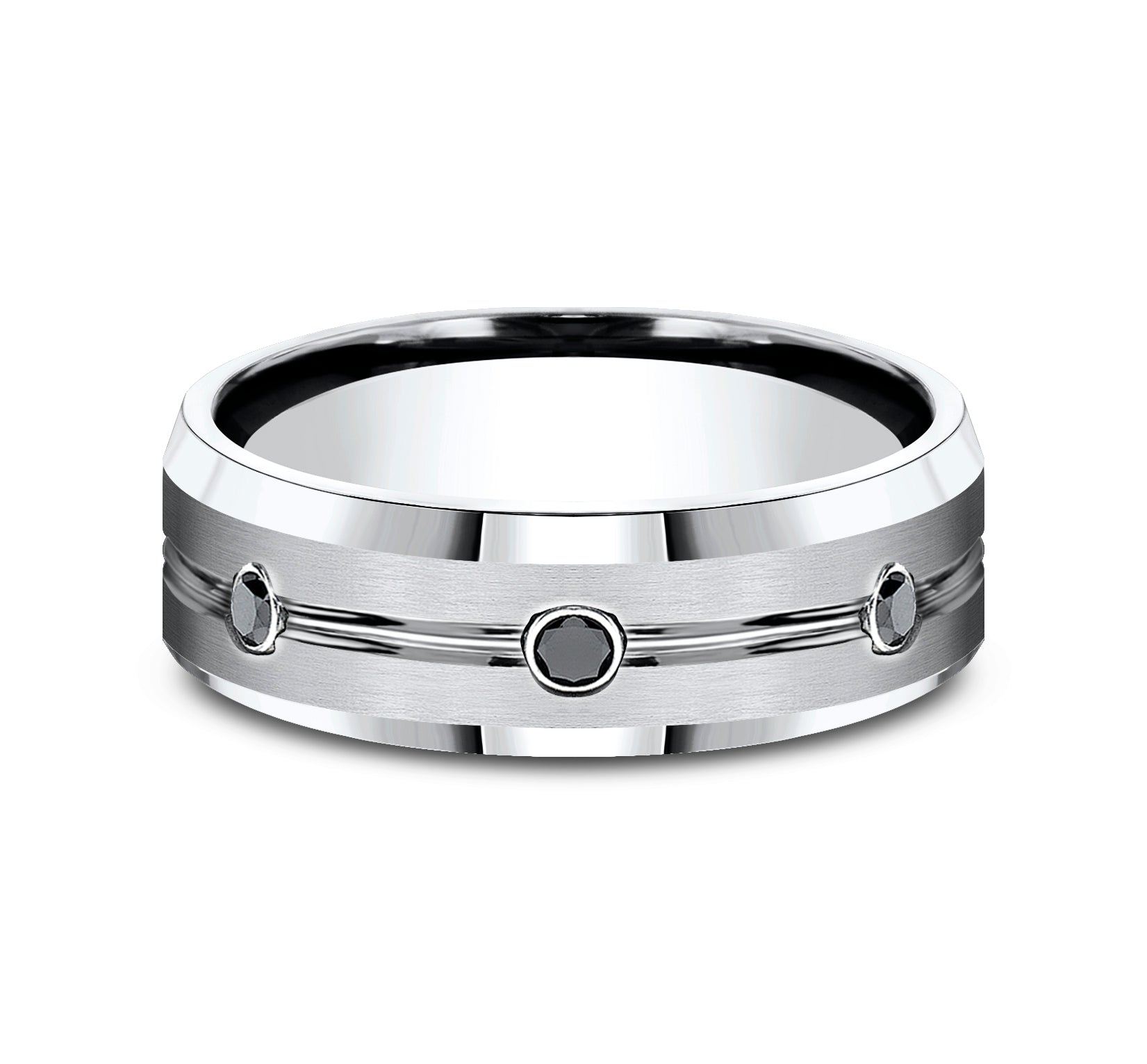 THE SABER 7.5mm, Comfort fit, White Cobalt, Satin center, polished double center cuts with black diamonds and bevel edges, 3 burnish set black diamonds, Carat weight is .20ct