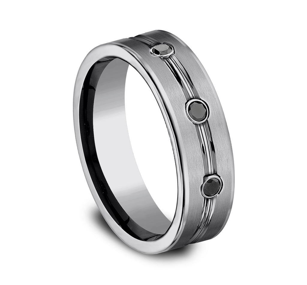 THE QUINCY 7mm, Comfort fit, Tungsten, Satin center, polished double center cuts with black diamonds, 3 burnish set black diamonds, Carat weight is .20ct