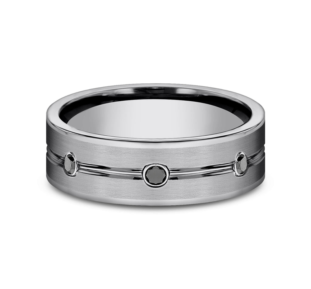 THE QUINCY 7mm, Comfort fit, Tungsten, Satin center, polished double center cuts with black diamonds, 3 burnish set black diamonds, Carat weight is .20ct
