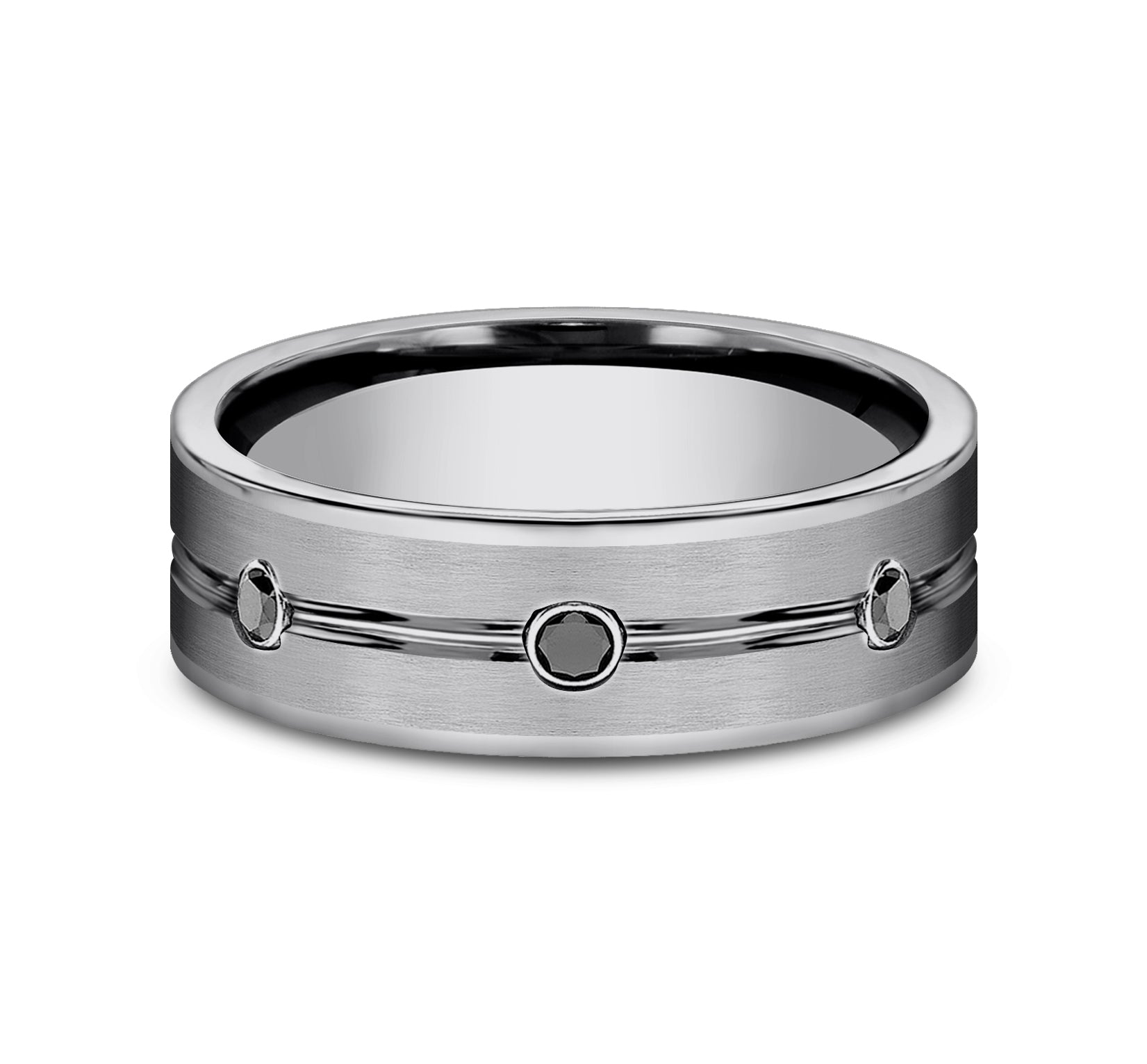 THE QUINCY 7mm, Comfort fit, Tungsten, Satin center, polished double center cuts with black diamonds, 3 burnish set black diamonds, Carat weight is .20ct