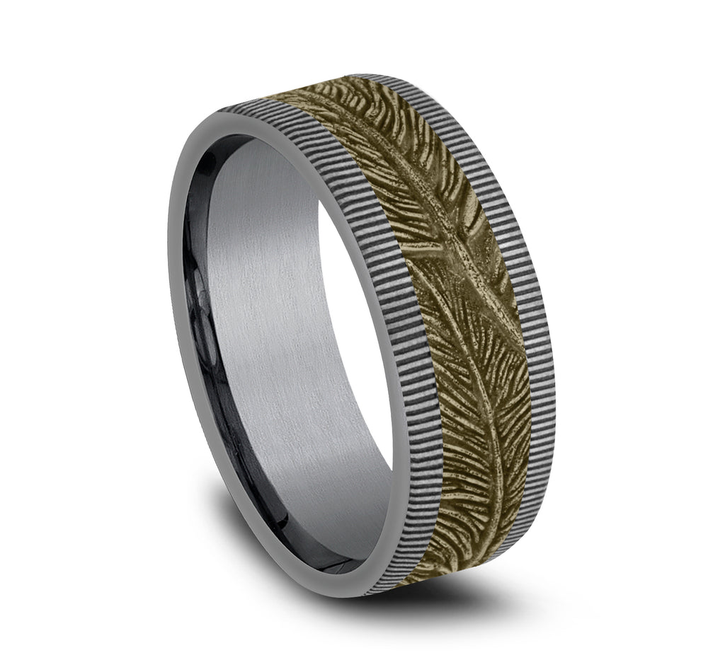 The Kestrel 8mm, Comfort fit, Grey Tantalum and 14K Yellow Gold, Feather patterned center with milgrain detail