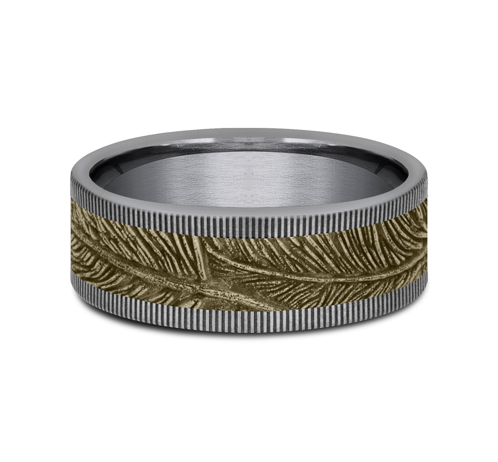 The Kestrel 8mm, Comfort fit, Grey Tantalum and 14K Yellow Gold, Feather patterned center with milgrain detail