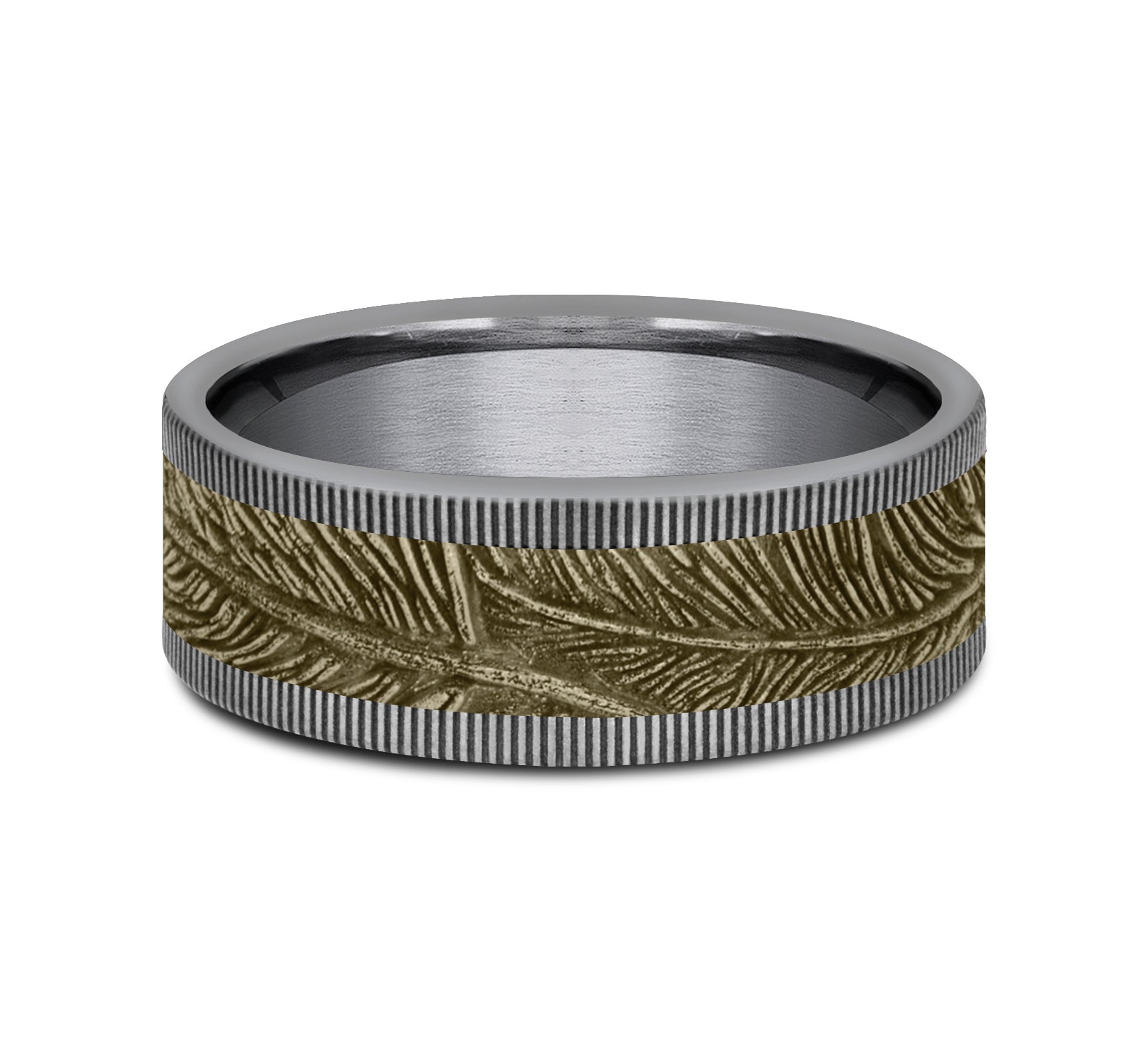 The Kestrel 8mm, Comfort fit, Grey Tantalum and 14K Yellow Gold, Feather patterned center with milgrain detail