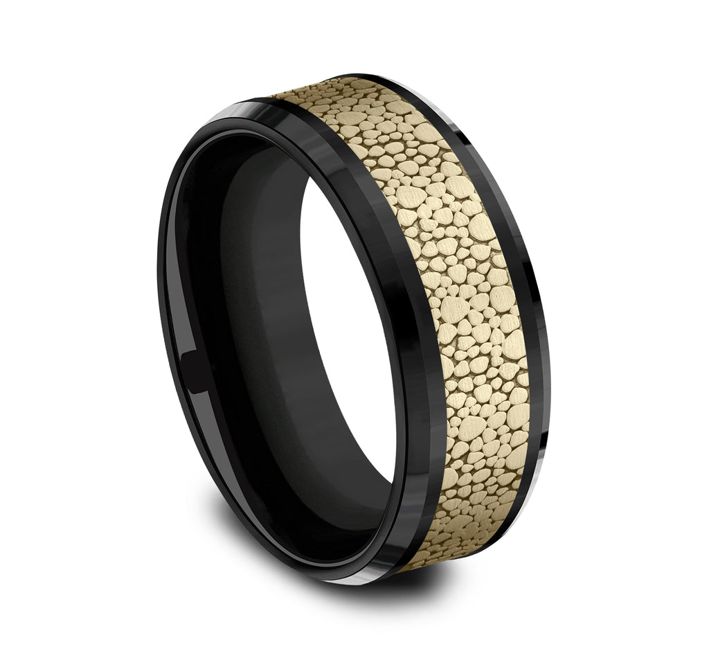 THE QUARRY 8mm, Comfort fit, Black Titanium and 14K Yellow Gold, Small pebble pattern, polished bevel edges