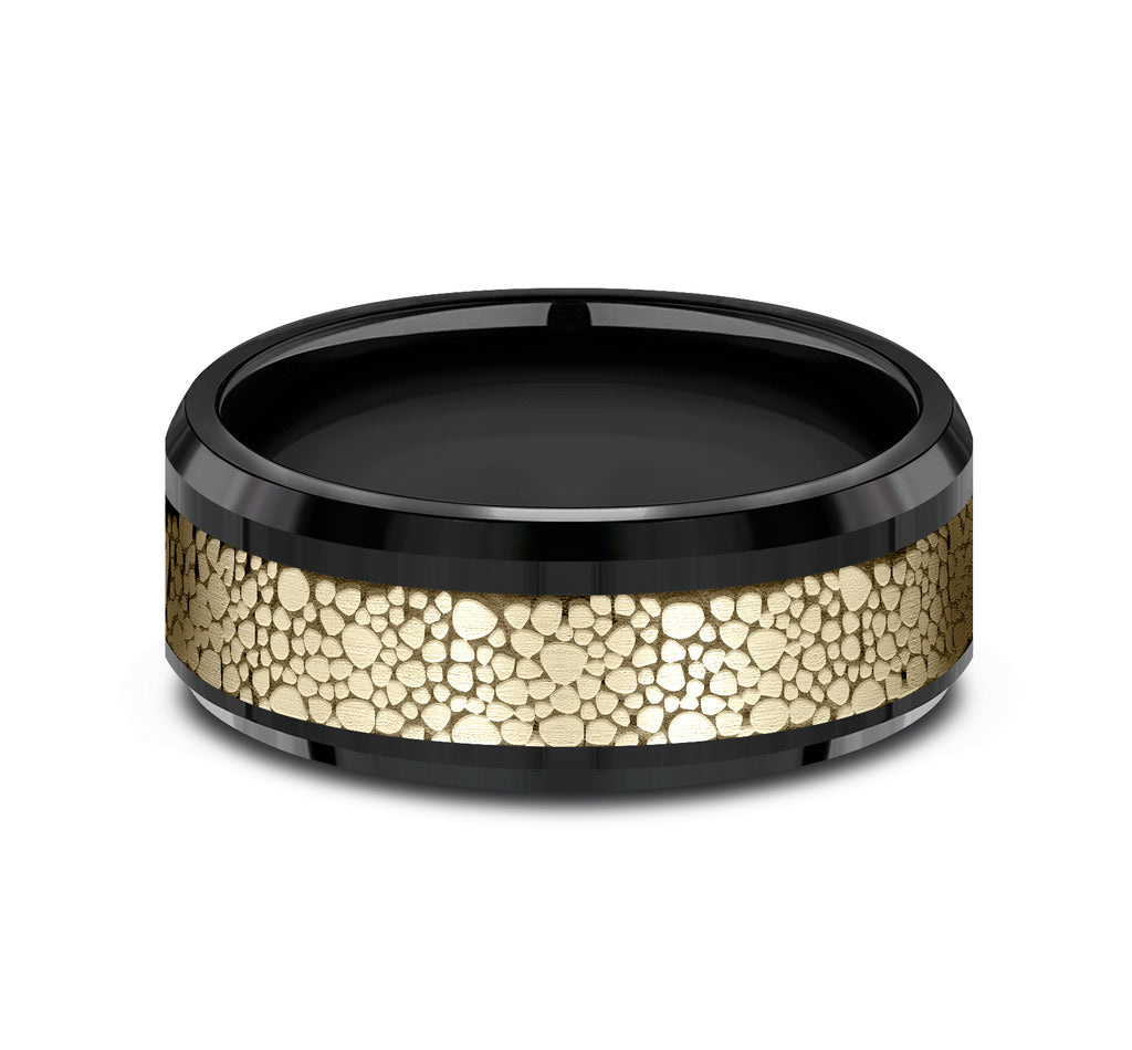 THE QUARRY 8mm, Comfort fit, Black Titanium and 14K Yellow Gold, Small pebble pattern, polished bevel edges