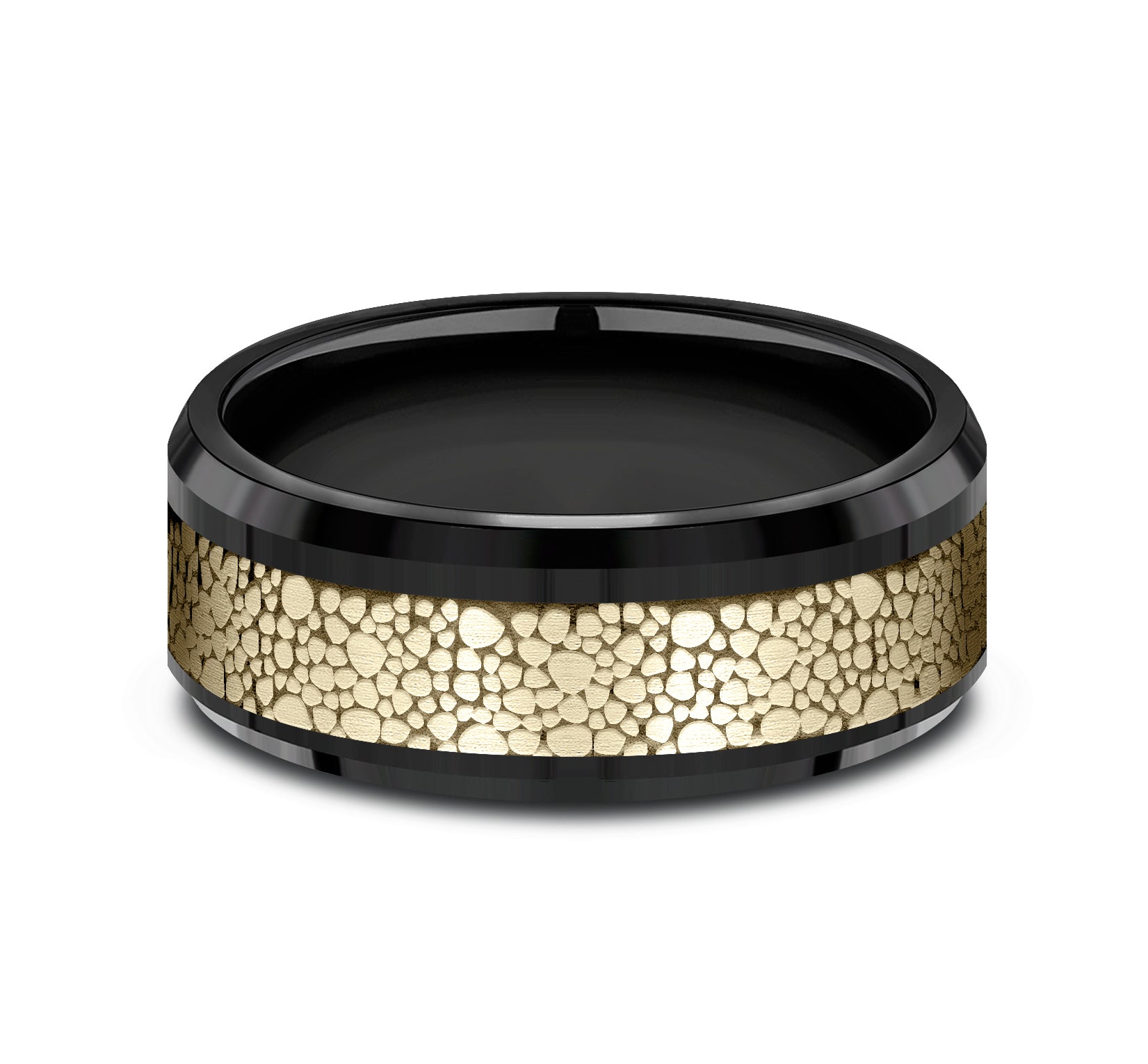 THE QUARRY 8mm, Comfort fit, Black Titanium and 14K Yellow Gold, Small pebble pattern, polished bevel edges