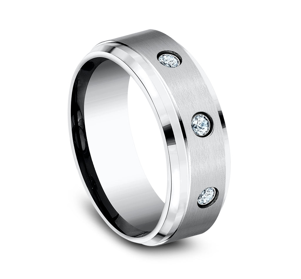 THE CARTER 8mm, Comfort fit, White Cobalt, Satin finish center, polished bevel edges, 3 burnish set diamonds , Carat weight is .18ct, Clarity SI1-2, Color GH