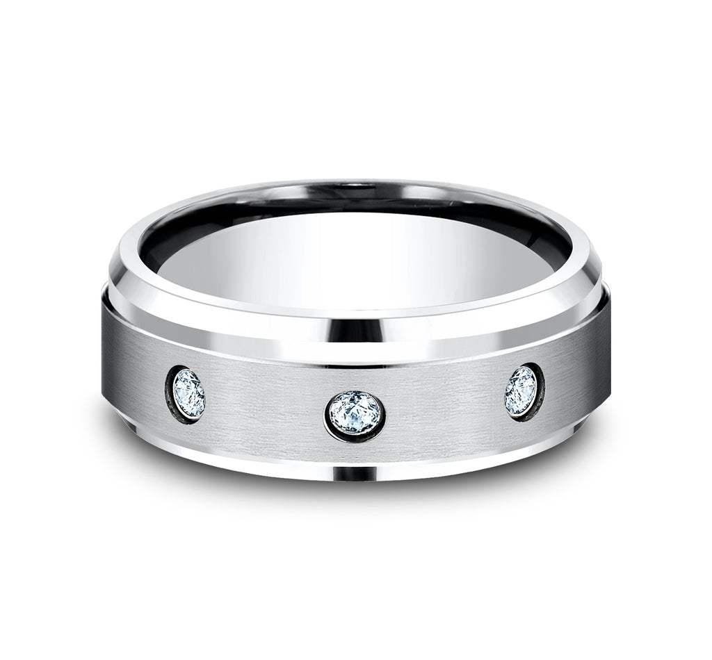 THE CARTER 8mm, Comfort fit, White Cobalt, Satin finish center, polished bevel edges, 3 burnish set diamonds , Carat weight is .18ct, Clarity SI1-2, Color GH