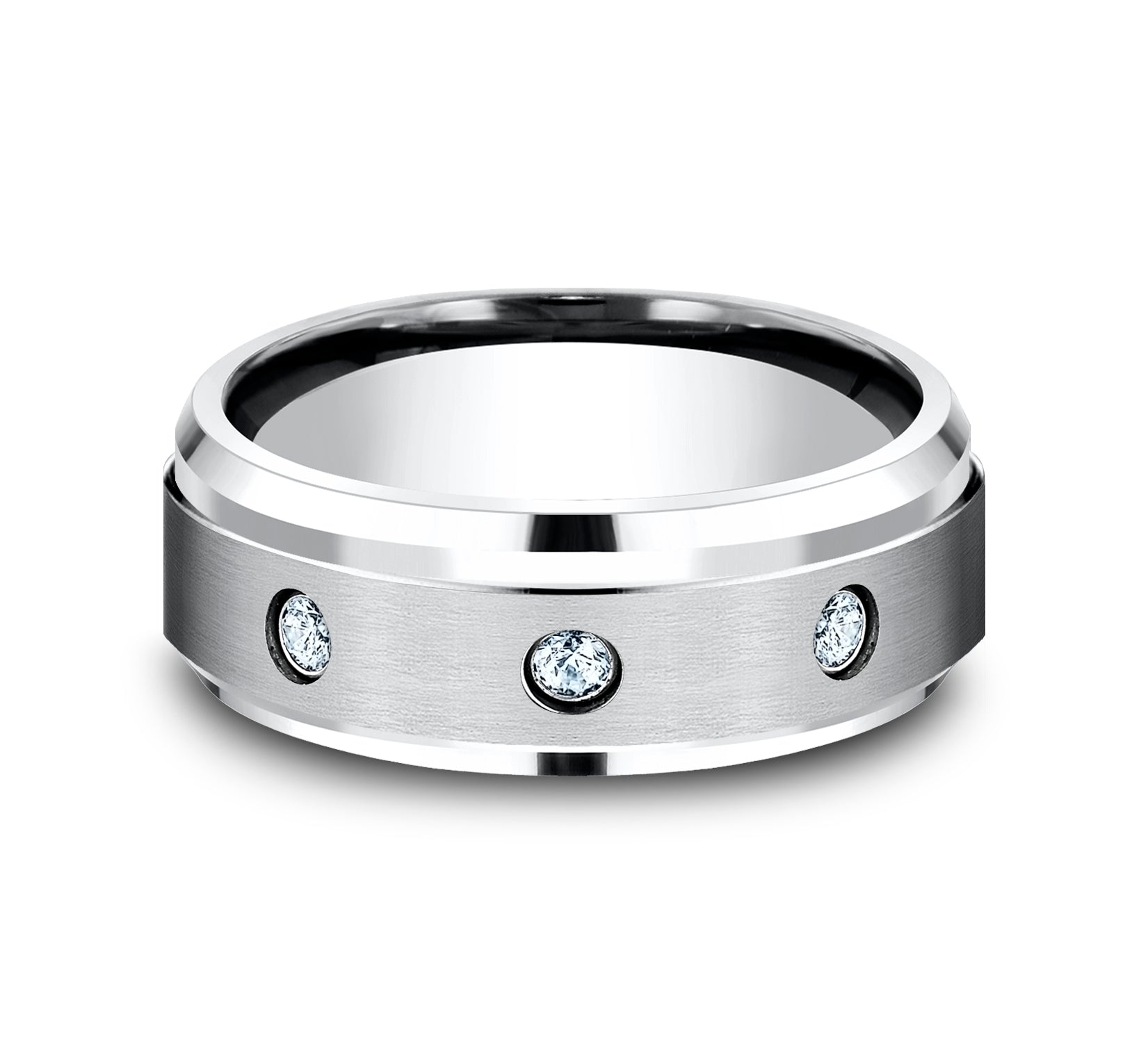 THE CARTER 8mm, Comfort fit, White Cobalt, Satin finish center, polished bevel edges, 3 burnish set diamonds , Carat weight is .18ct, Clarity SI1-2, Color GH