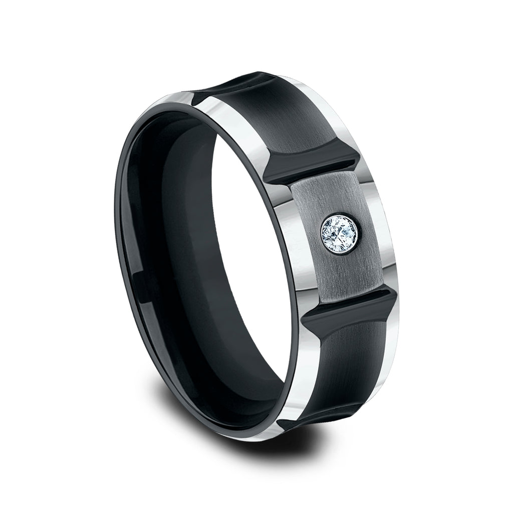 THE DUEL 8mm, Comfort fit, Black Cobalt, Satin finish with deep segmented cuts, 1 burnish set diamond, Carat weight is .06ct, Clarity SI1-2, Color GH