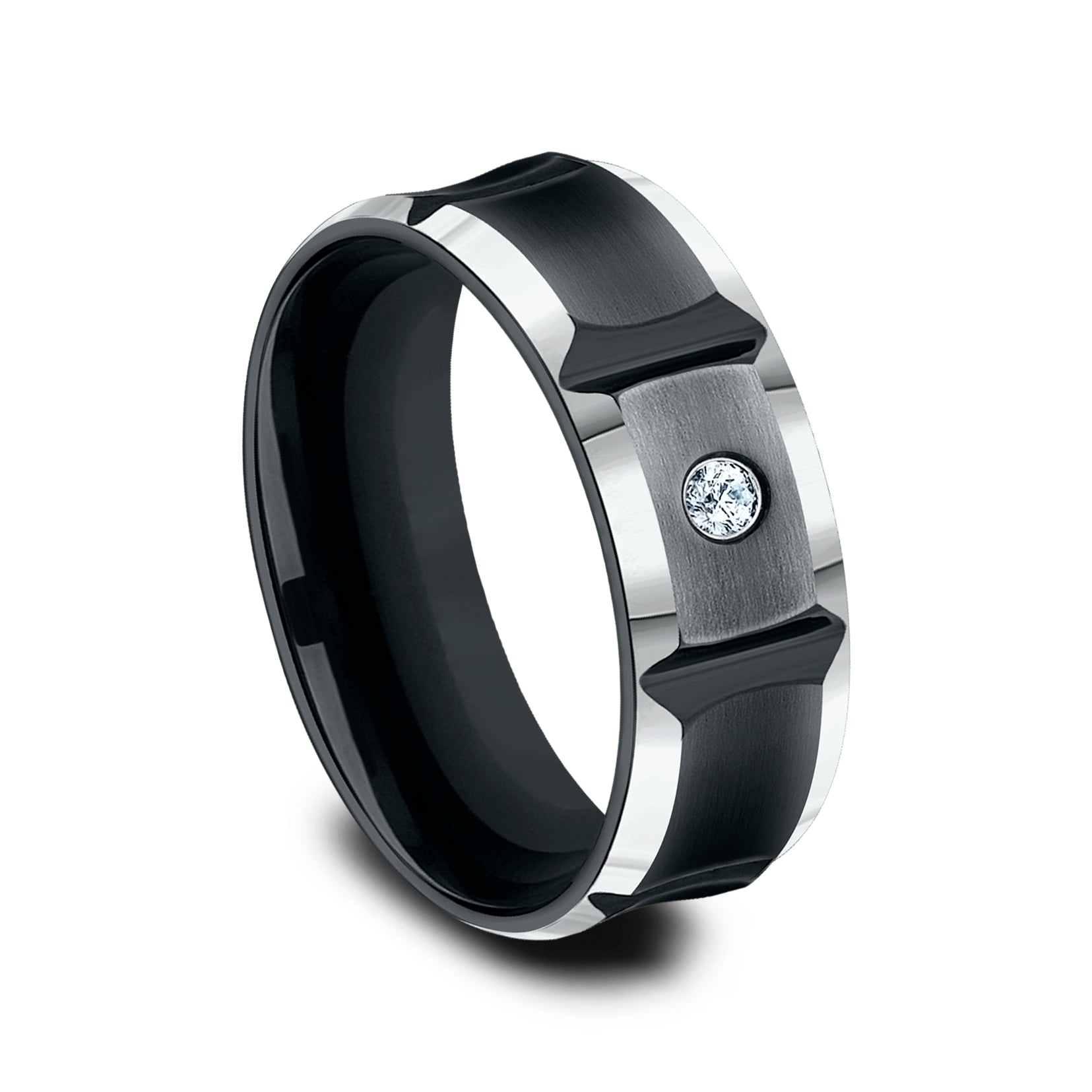 THE DUEL 8mm, Comfort fit, Black Cobalt, Satin finish with deep segmented cuts, 1 burnish set diamond, Carat weight is .06ct, Clarity SI1-2, Color GH