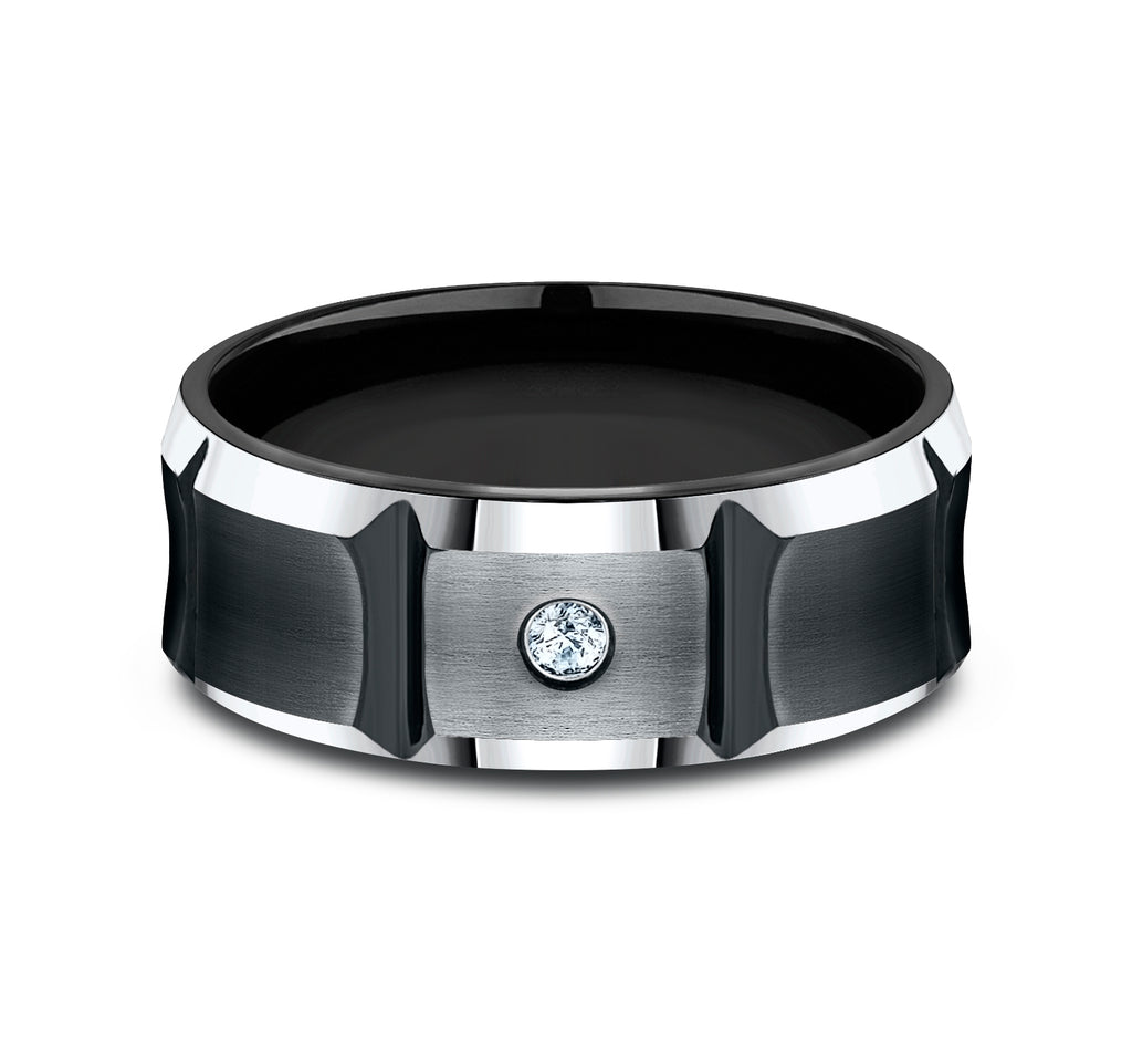 THE DUEL 8mm, Comfort fit, Black Cobalt, Satin finish with deep segmented cuts, 1 burnish set diamond, Carat weight is .06ct, Clarity SI1-2, Color GH