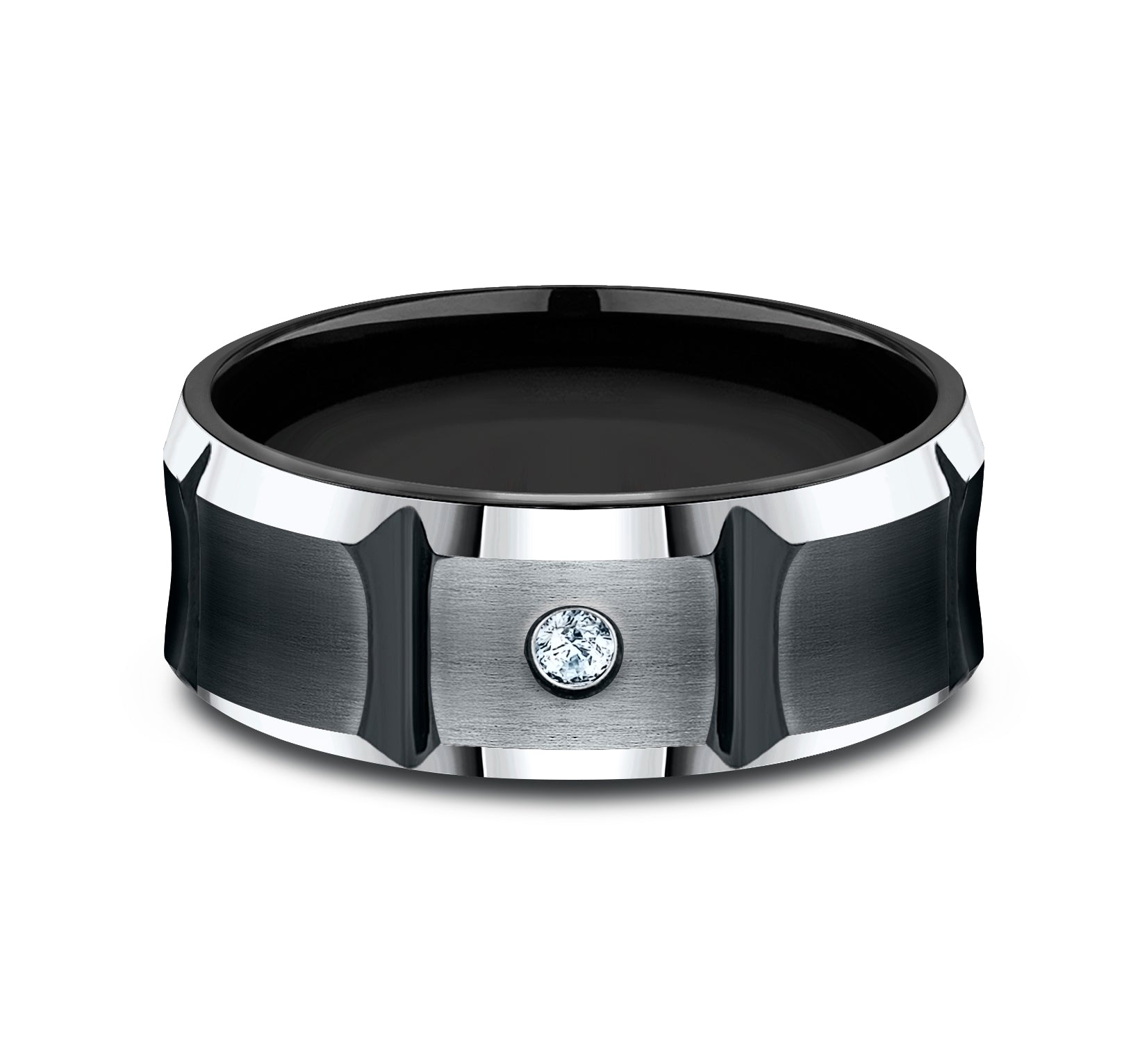 THE DUEL 8mm, Comfort fit, Black Cobalt, Satin finish with deep segmented cuts, 1 burnish set diamond, Carat weight is .06ct, Clarity SI1-2, Color GH