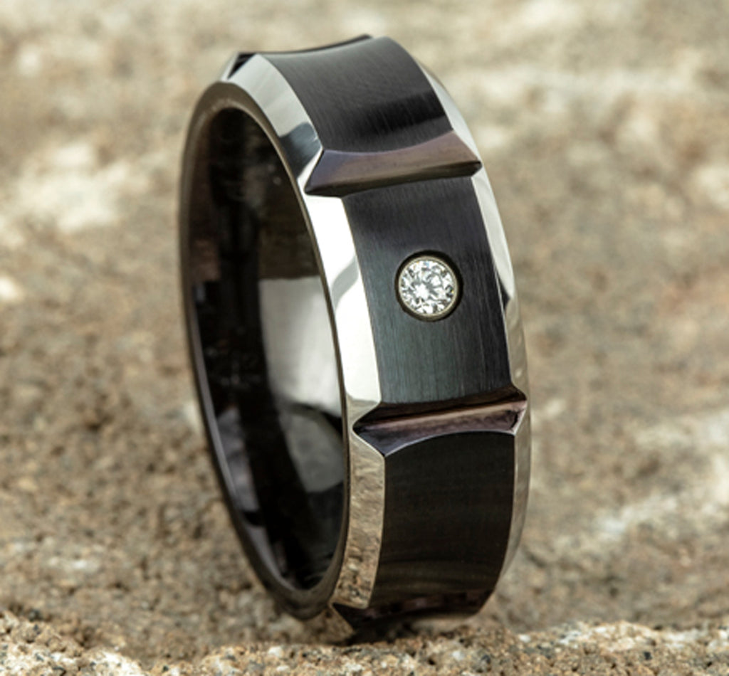 THE DUEL 8mm, Comfort fit, Black Cobalt, Satin finish with deep segmented cuts, 1 burnish set diamond, Carat weight is .06ct, Clarity SI1-2, Color GH