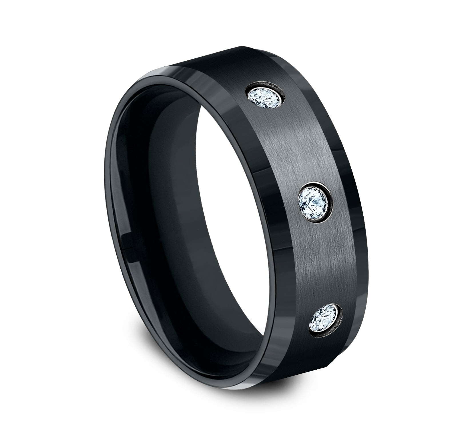 THE REAGAN 8mm, Comfort fit, Black Cobalt, Satin finish center, polished bevel edges, 3 burnish set diamonds , Carat weight is .18ct