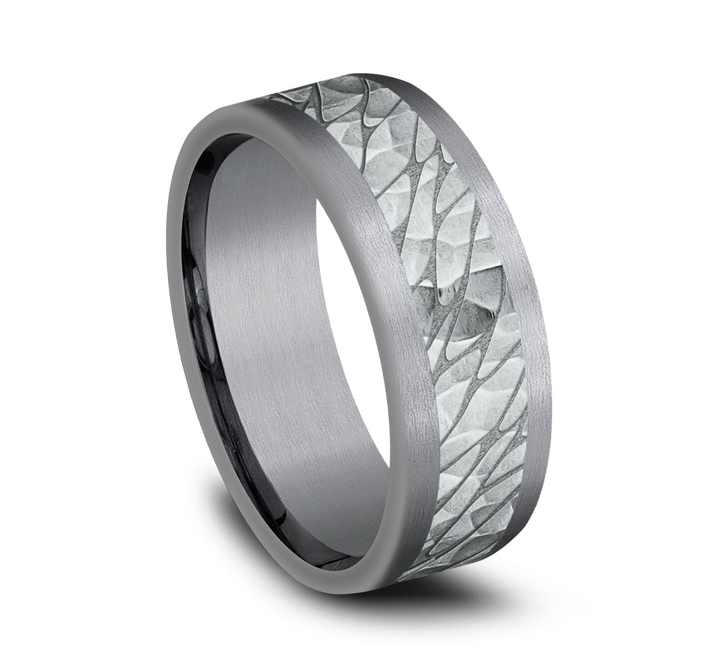 THE NILE 8mm, Comfort fit, Grey Tantalum and 14K White Gold, Pebble pattern with hammered finish, straight edges