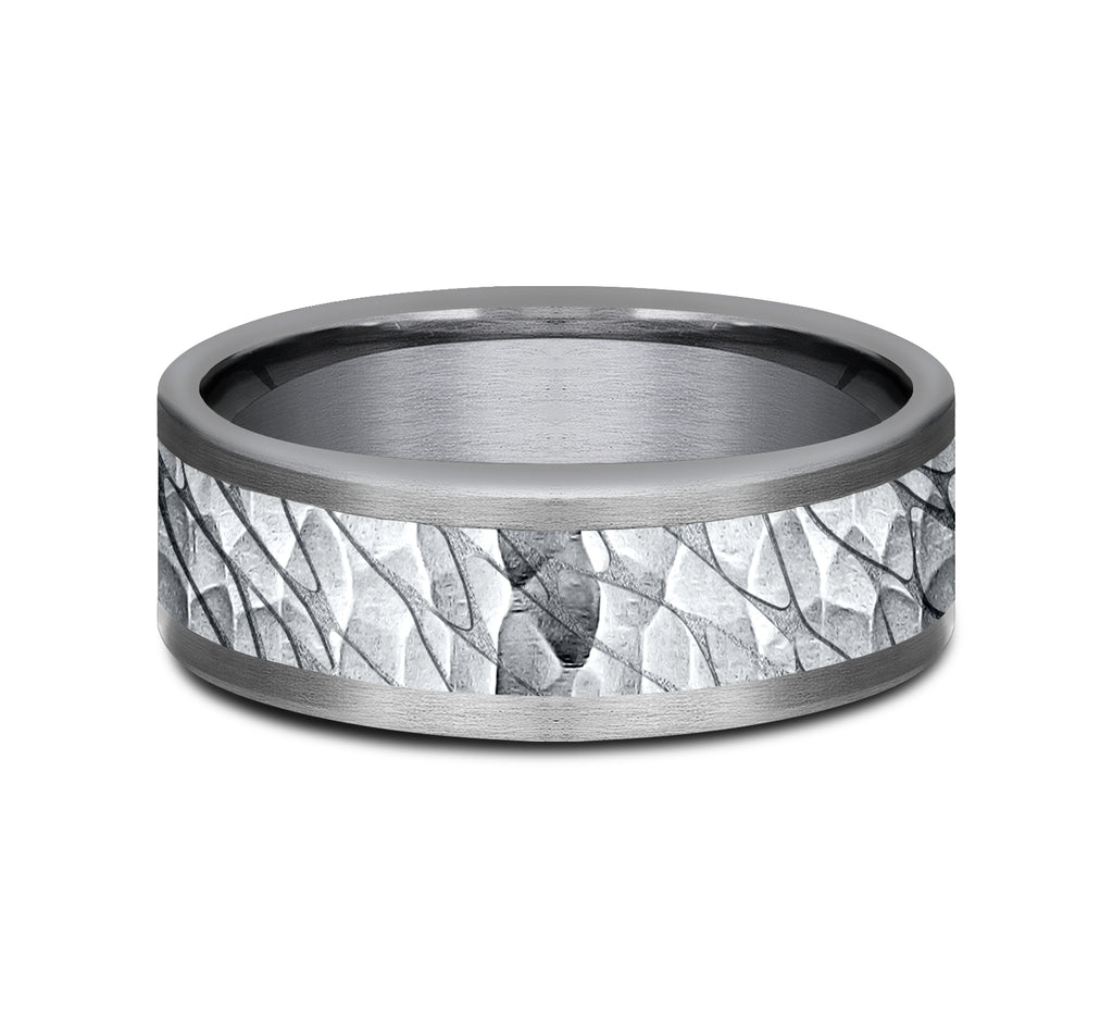 THE NILE 8mm, Comfort fit, Grey Tantalum and 14K White Gold, Pebble pattern with hammered finish, straight edges