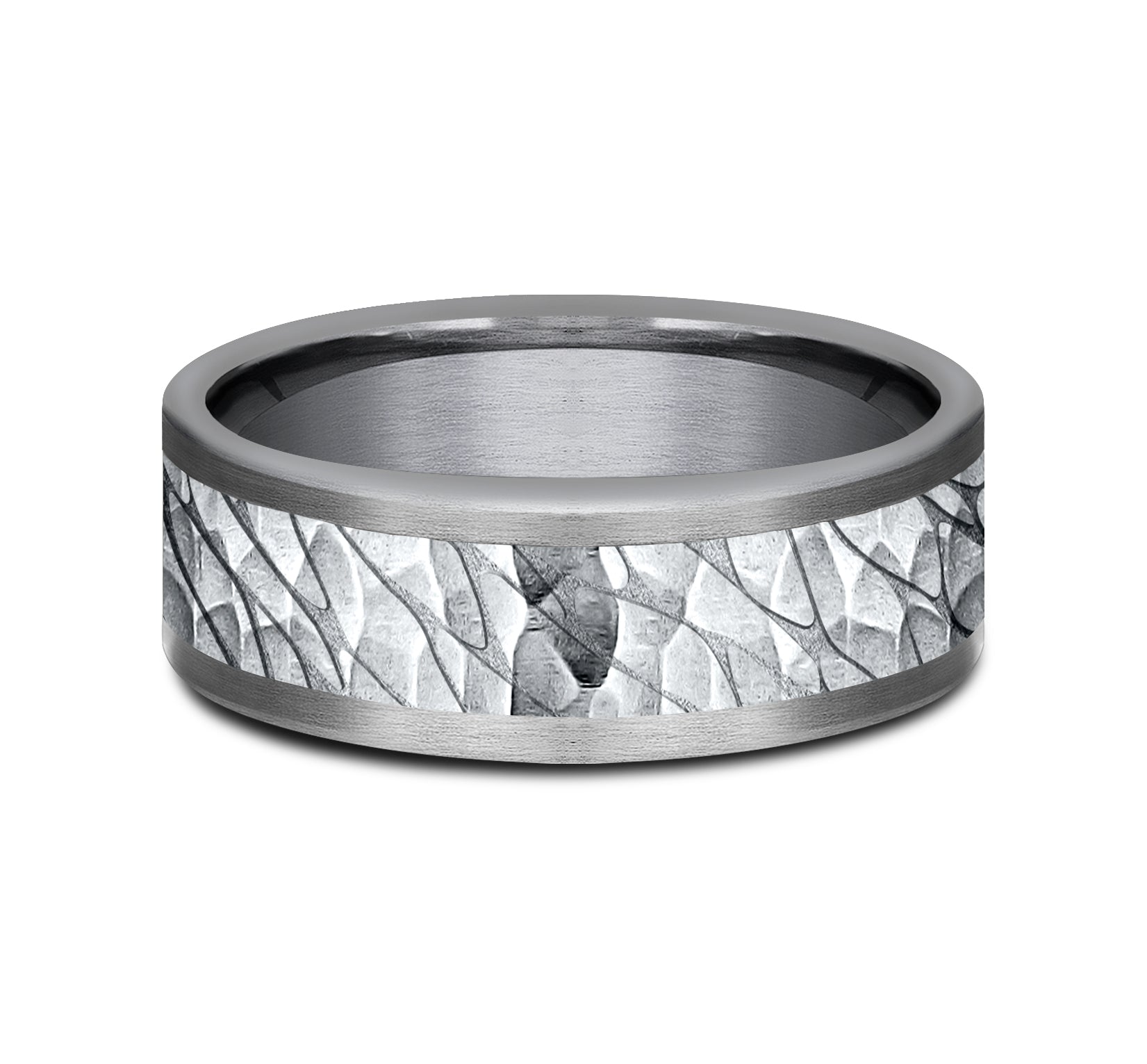 THE NILE 8mm, Comfort fit, Grey Tantalum and 14K White Gold, Pebble pattern with hammered finish, straight edges