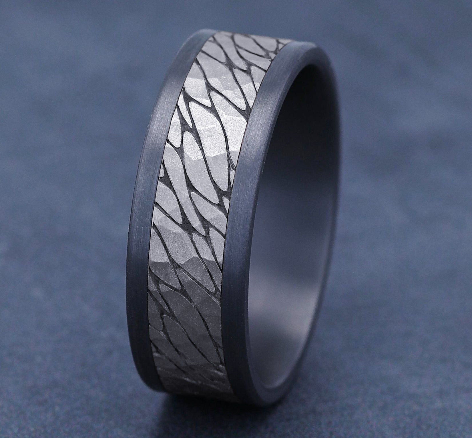 THE NILE 8mm, Comfort fit, Grey Tantalum and 14K White Gold, Pebble pattern with hammered finish, straight edges