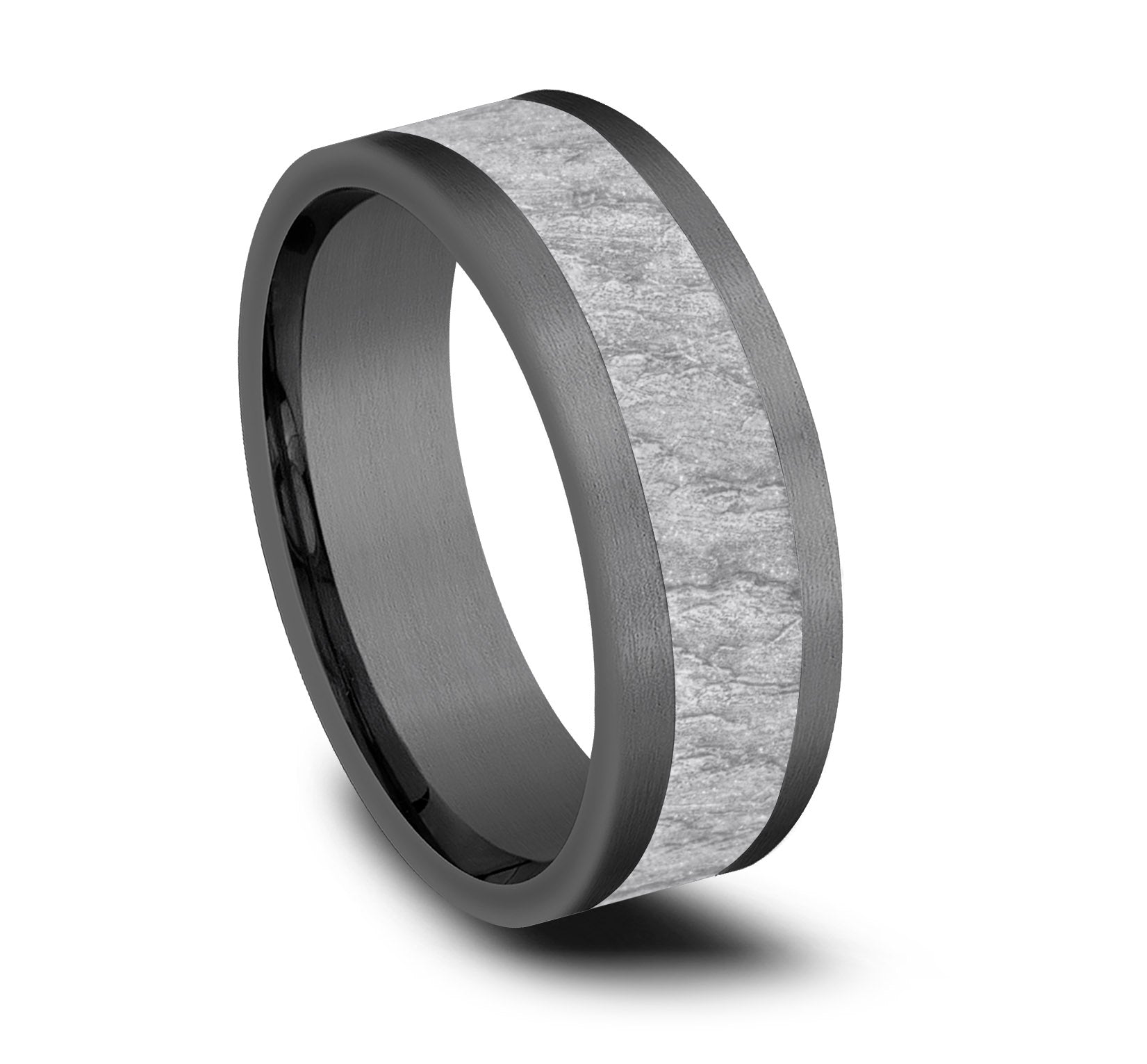 THE VESUVIUS 8mm, Comfort fit, Grey Tantalum and 14K White Gold, Lava rock textured center, straight edges