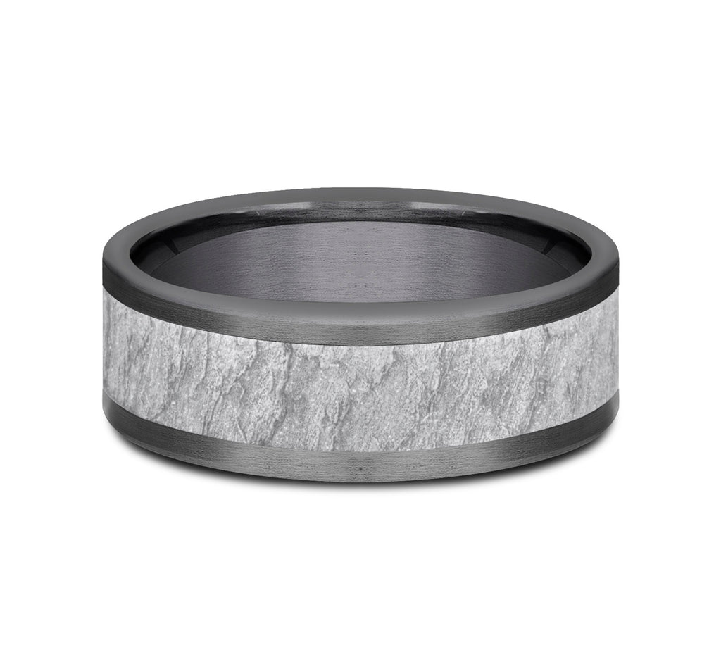 THE VESUVIUS 8mm, Comfort fit, Grey Tantalum and 14K White Gold, Lava rock textured center, straight edges