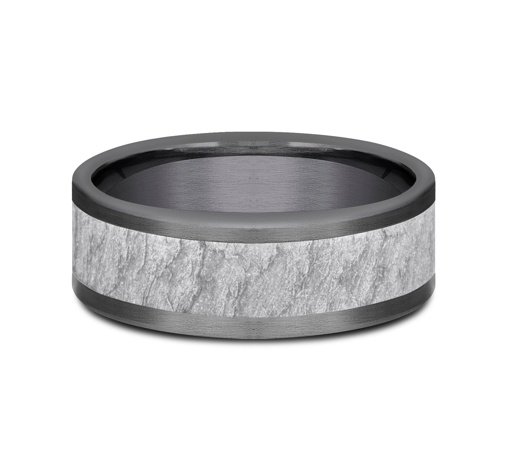 THE VESUVIUS 8mm, Comfort fit, Grey Tantalum and 14K White Gold, Lava rock textured center, straight edges