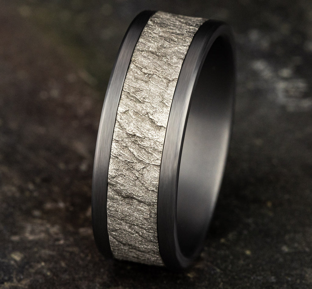 THE VESUVIUS 8mm, Comfort fit, Grey Tantalum and 14K White Gold, Lava rock textured center, straight edges