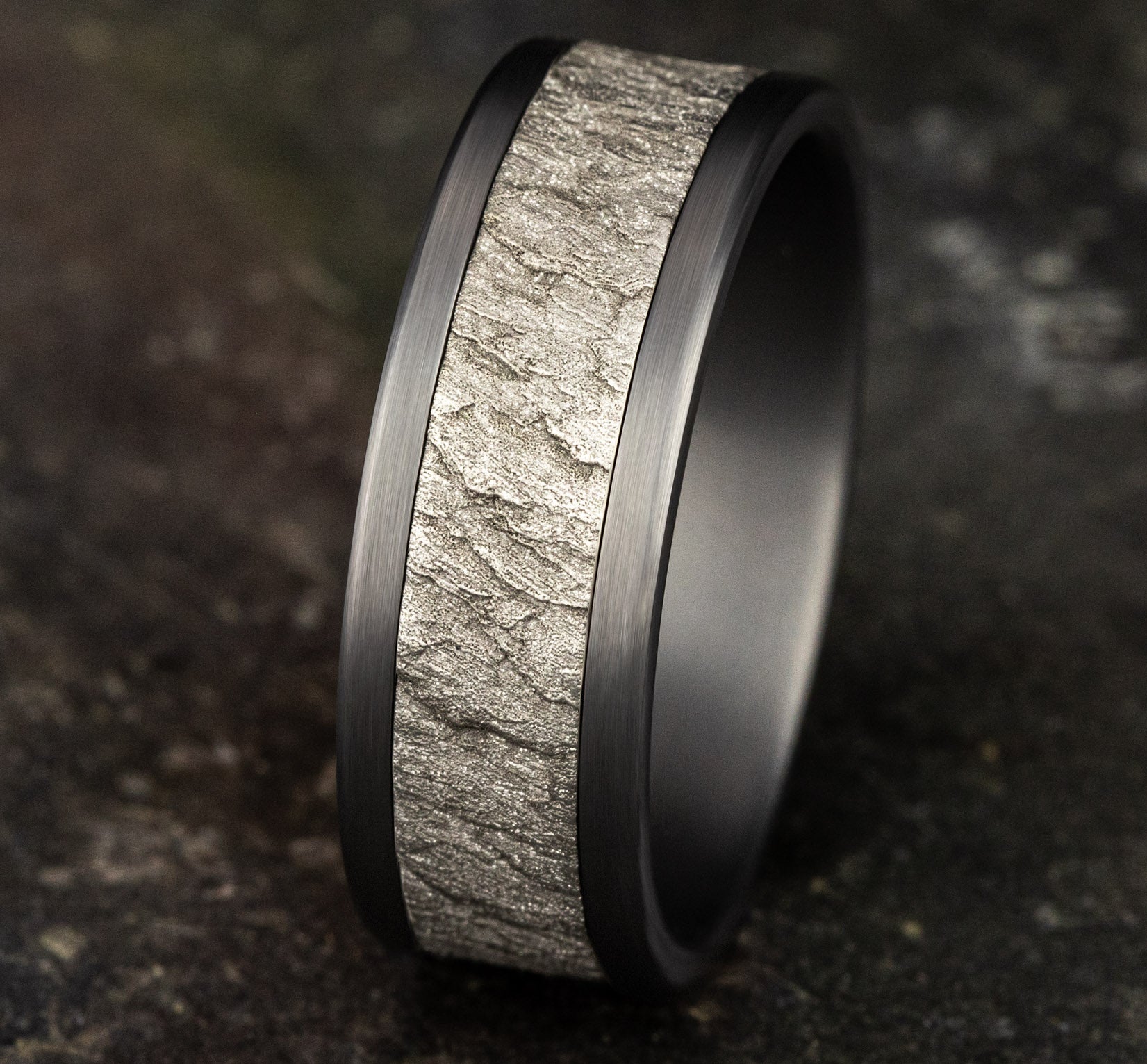 THE VESUVIUS 8mm, Comfort fit, Grey Tantalum and 14K White Gold, Lava rock textured center, straight edges