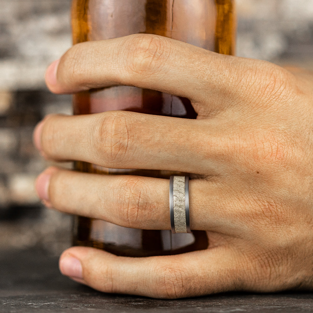 THE VESUVIUS 8mm, Comfort fit, Grey Tantalum and 14K White Gold, Lava rock textured center, straight edges