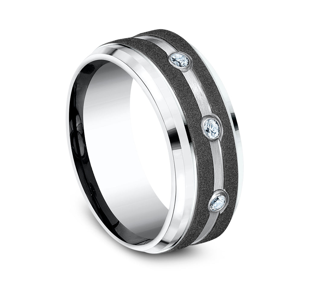 THE ARCHITECT 9mm, Comfort fit, White Cobalt, Graphite stripes, center diamonds with bevel edges, 3 burnish set diamonds, Carat weight is .20ct, Clarity SI1-2, Color GH