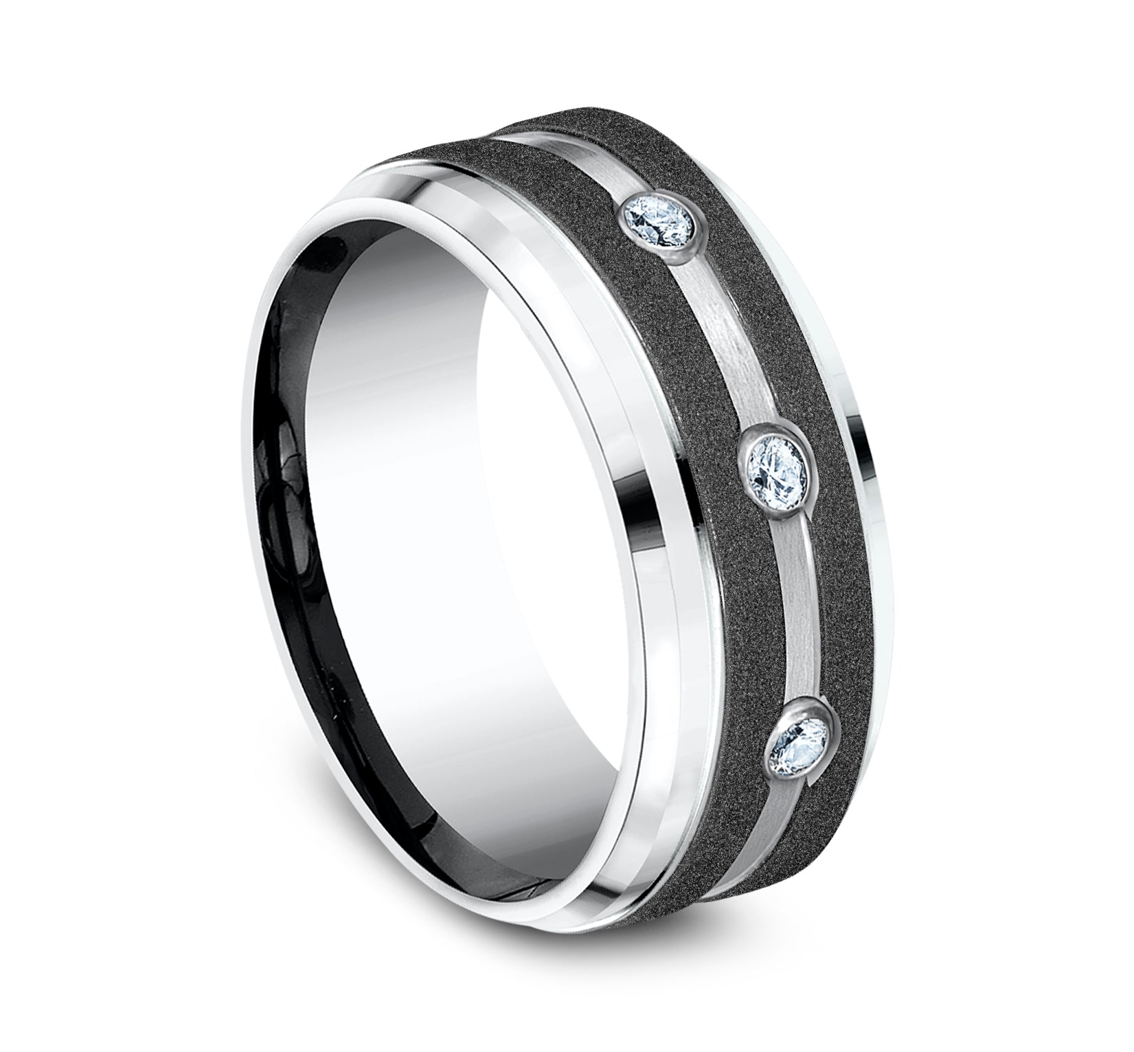 THE ARCHITECT 9mm, Comfort fit, White Cobalt, Graphite stripes, center diamonds with bevel edges, 3 burnish set diamonds, Carat weight is .20ct, Clarity SI1-2, Color GH