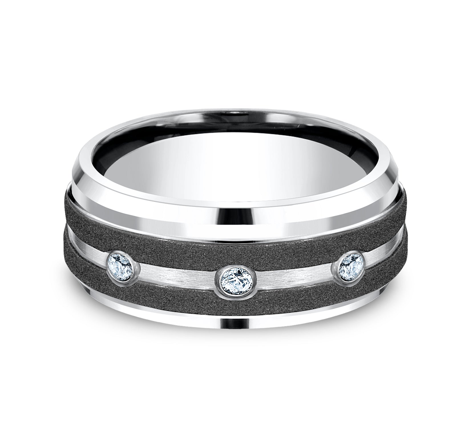 THE ARCHITECT 9mm, Comfort fit, White Cobalt, Graphite stripes, center diamonds with bevel edges, 3 burnish set diamonds, Carat weight is .20ct, Clarity SI1-2, Color GH