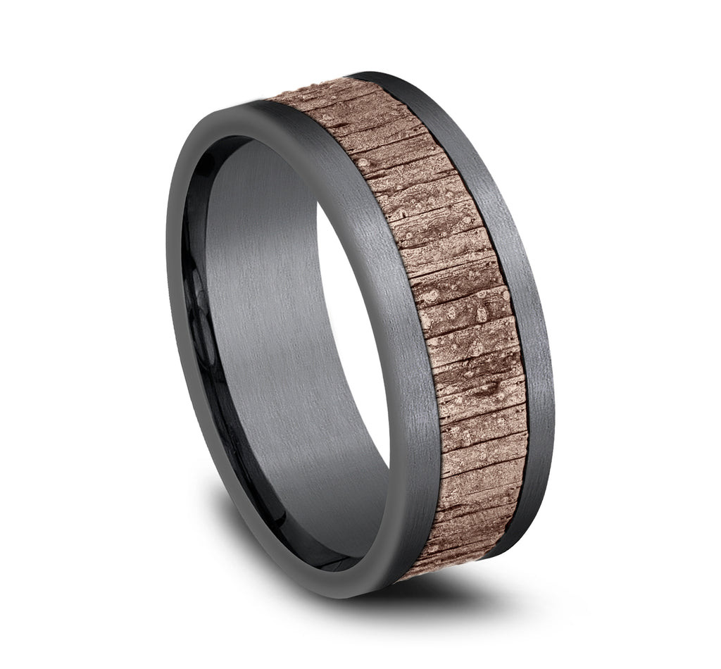THE ALDER 8mm, Comfort fit, Grey Tantalum and 14K Rose Gold, Split wood patterned center, straight edges