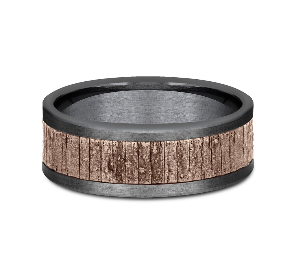 THE ALDER 8mm, Comfort fit, Grey Tantalum and 14K Rose Gold, Split wood patterned center, straight edges
